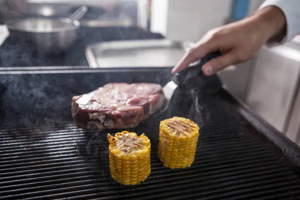 Selective Focus Sweet Corn Grill Chef Putting Beef Steak Grill — Stock Photo, Image