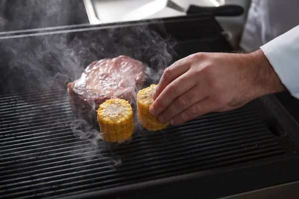 Chef Putting Sweet Corn Beef Steak Grill — Stock Photo, Image