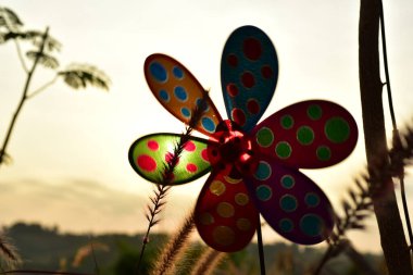 close up of a colorful pinwheel at sunset time
