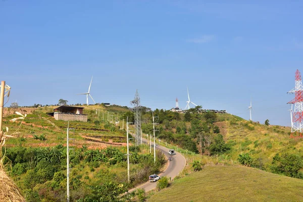 Wind Turbines High Voltage Towers Mountains — Stock Photo, Image