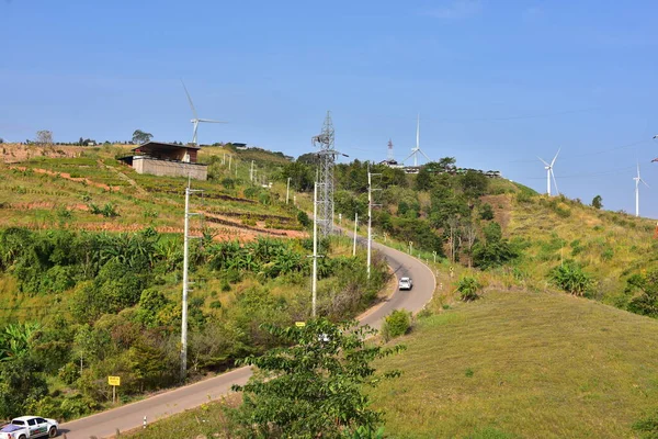 Wind Turbines High Voltage Towers Mountains — Stock Photo, Image