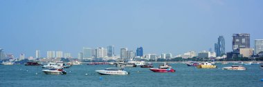 Tayland 'ın Pattaya şehrinde birçok teknesi olan bir deniz koy.