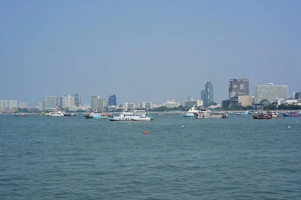 Baie Mer Avec Nombreux Bateaux Dans Ville Pattaya Thaïlande — Photo