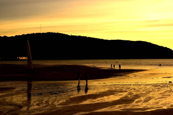 Ihmisten Siluetti Rannalla Auringonlaskun Aikaan — kuvapankkivalokuva