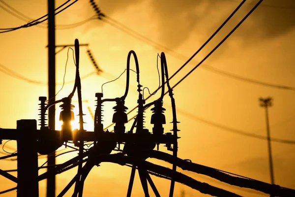 Energy Power Pylons Sunset Time — Stock Photo, Image