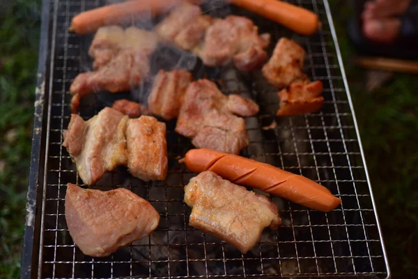 Viande Grillée Saucisses Sur Barbecue — Photo