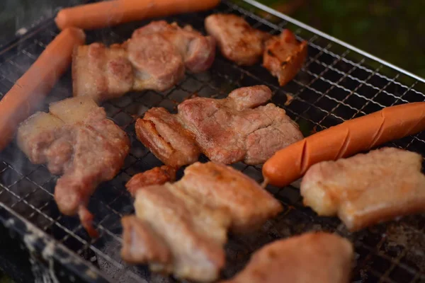 Viande Grillée Saucisses Sur Barbecue — Photo