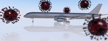 Ticari havayolu uçağı covid-19 virüs parçacıkları konsepti 3D render