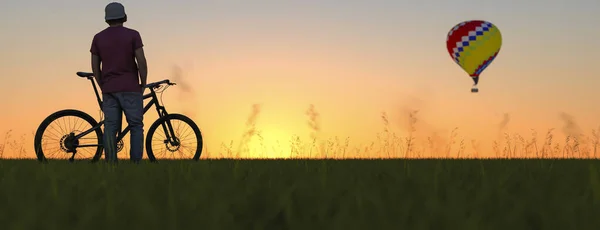 Młody Człowiek Rowerze Ogląda Balon Ogrzane Powietrze Zachodzie Słońca Renderowania — Zdjęcie stockowe
