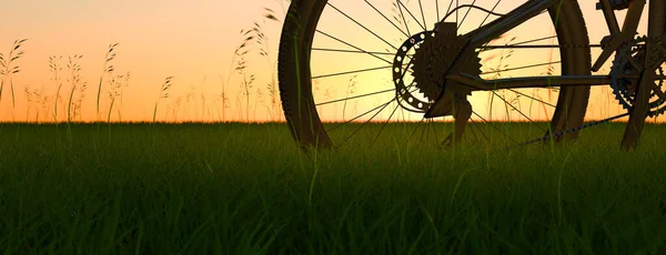 Nahaufnahme Eines Mountainbike Rades Bei Sonnenaufgang Auf Einer Wiese Render — Stockfoto