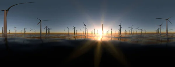 Large Shore Wind Farm Sunset Panoramic Render —  Fotos de Stock