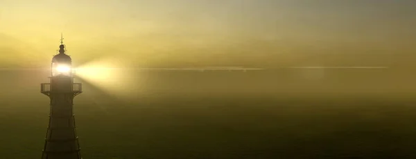 Farol Panorâmico Com Seu Feixe Luz Brilhando Através Densa Neblina — Fotografia de Stock