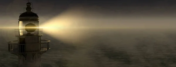 Panoramische Vuurtoren Met Zijn Lichtstraal Die Door Dikke Mist Schijnt — Stockfoto