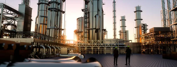 Técnicos Supervisor Olhando Para Uma Refinaria Petróleo Pôr Sol Com — Fotografia de Stock