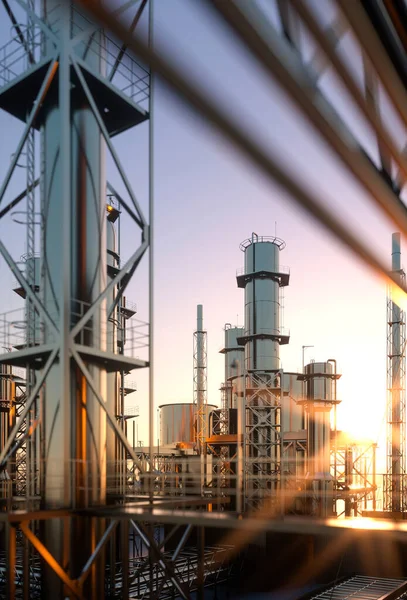 Large Oil Refinery Plant Sunrise Clear Day Render — Stockfoto