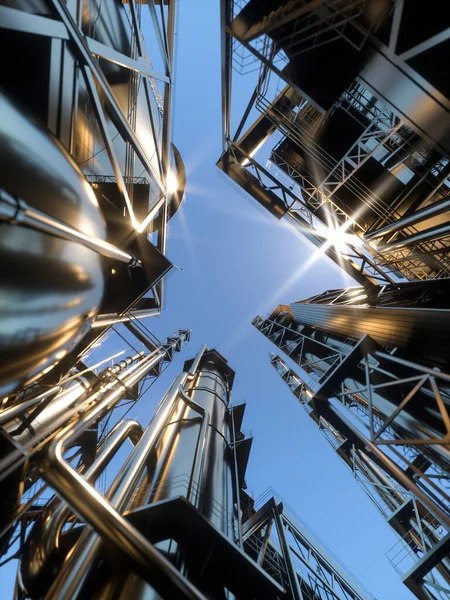 Olhando Para Cima Dia Claro Uma Refinaria Petróleo Com Grandes — Fotografia de Stock