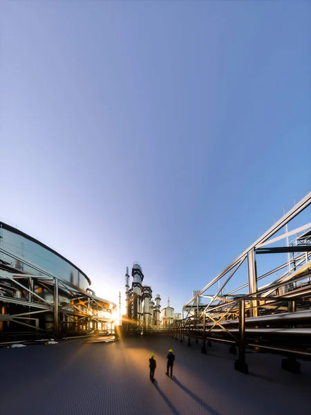 Técnicos Supervisor Olhando Para Uma Refinaria Petróleo Pôr Sol Com — Fotografia de Stock