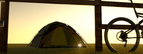 Camping Wschodzie Słońca Małym Namiocie Łące Trawiastej Rowerem Górskim Obok — Zdjęcie stockowe