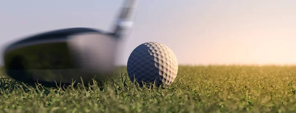 Golf driver striking a golf ball concept at sunset on a clear day 3d render