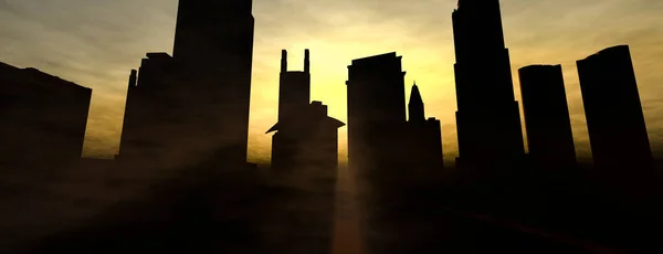 Moderne Stadtsilhouette Von Wolkenkratzern Sonnenlicht Getaucht Mit Dichtem Nebel Konzept — Stockfoto