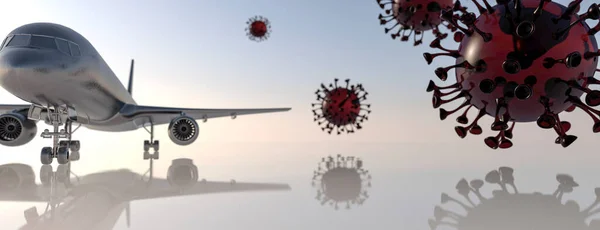 Commercial Airline Plane Surrounded Covid Virus Particles Concept Render Image En Vente