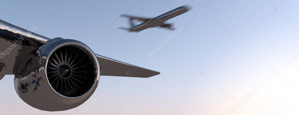 Aircraft jet engine and wing on a clear day with a commercial jet airliner flying over head 3d render