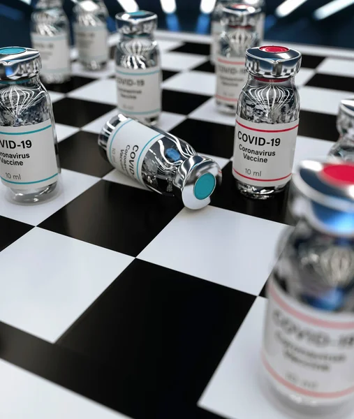 Kavramsal Bir Satranç Tahtası Üzerinde Iki Farklı Covid Aşısı — Stok fotoğraf