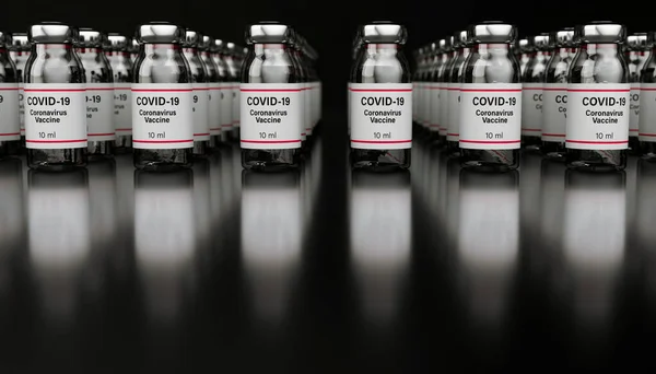 Rows Covid Vaccine Bottles Row Reflective Surface Render — Stockfoto
