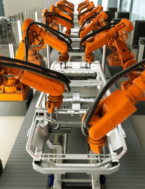 Robotik silah kaynaklı modern otomobil üretim hattı 3D