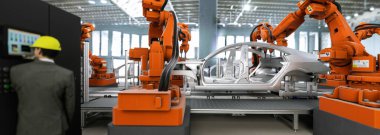 Robotik silah kaynaklı modern otomobil üretim hattı 3D