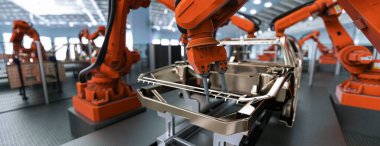 Robotik silah kaynaklı modern otomobil üretim hattı 3D