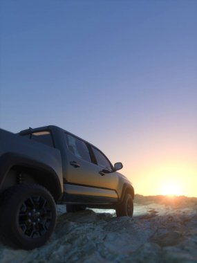 Uzak bir yerde modern off road kamyonu günbatımının tadını çıkarıyor.