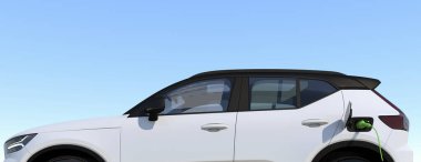 Modern elektrikli araba 3D konsept olarak şarj ediliyor.