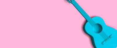 Açık mavi akustik gitar yanında pembe arka plan 3D render