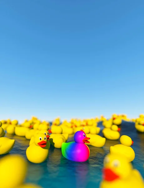 Standing out from the crowd and being different concept with plastic ducks in the ocean 3d render