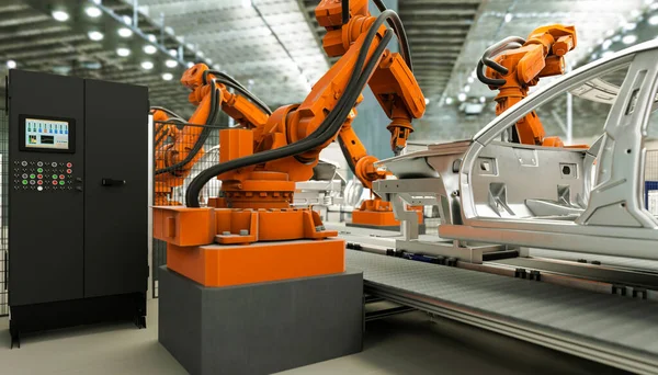 Modern Car Production Line Robotic Arms Welding Components Render — Foto de Stock