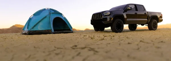 Desert Camping Pękniętej Suchej Podłodze Odległym Miejscu Renderowania — Zdjęcie stockowe