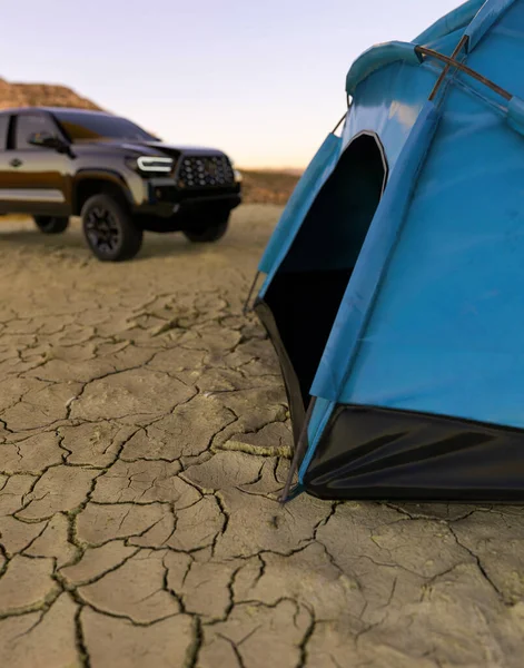 Desert Camping Cracked Dry Floor Remote Location Render — Stock Photo, Image