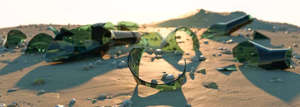 Gebroken Glazen Flessen Het Strand Concept Render — Stockfoto
