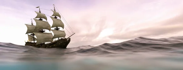Groot Piratenschip Panoramisch Bij Zonsondergang Een Heldere Dag Renderen — Stockfoto