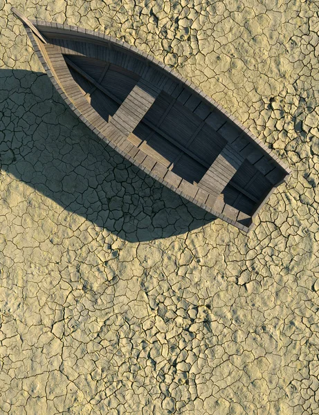 Conceptual fishing boat on a dried up river bed during a drought 3d render