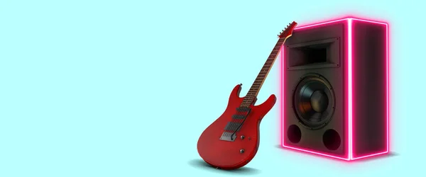 Elektro Gitar Hoparlör Mavi Arkaplan Render Üzerinde Kırmızı Neon Işıklar — Stok fotoğraf