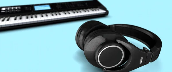 Modern Headphones Music Keyboard Pale Blue Background Render — Foto de Stock