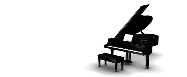 Black Grand Piano White Background Panoramic Render — Photo