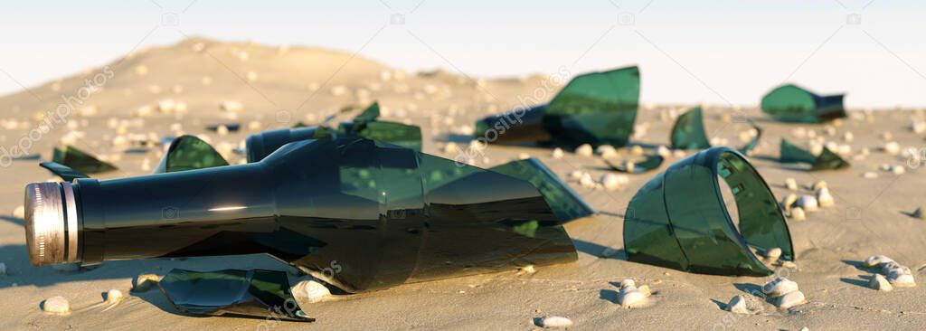 Broken glass bottles on the beach concept 3d render
