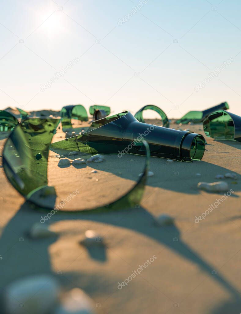 Broken glass bottles on the beach concept 3d render