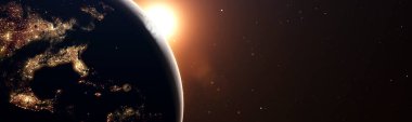 Dünya 'nın üzerinde parlak bir güneşle uzayda gün doğumu