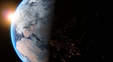 Dünya 'nın üzerinde parlak bir güneşle uzayda gün doğumu