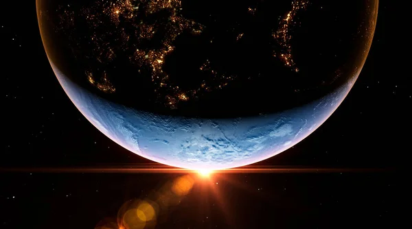 Salida Del Sol Espacio Sobre Planeta Tierra Con Sol Vibrante — Foto de Stock