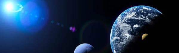 Concepto Panorámico Planeta Lunas Con Sol Azul — Foto de Stock